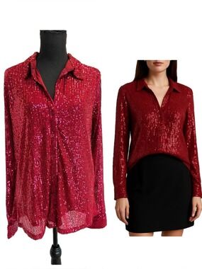 Women's Red Sequin Button-Down Shirt